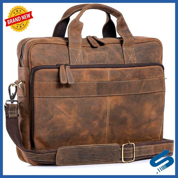 Leather Messenger Bag 18 Inch Laptop Briefcase Office Satchel Trolley Compatible